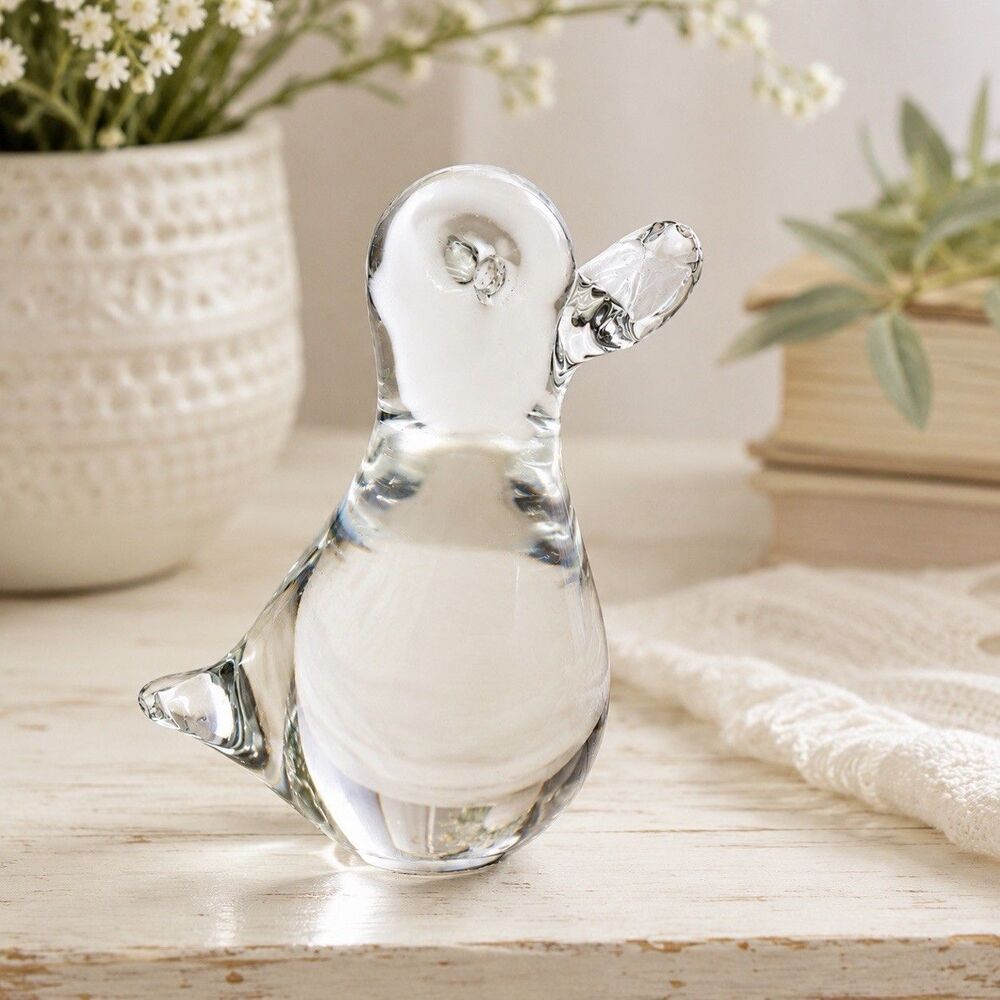 Vintage Hand Blown Clear Art Glass Duck Figurine Mini Bird Paperweight Sculpture